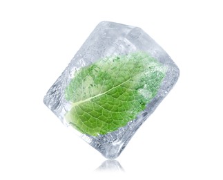 Image of Mint leaf frozen in ice isolated on white 