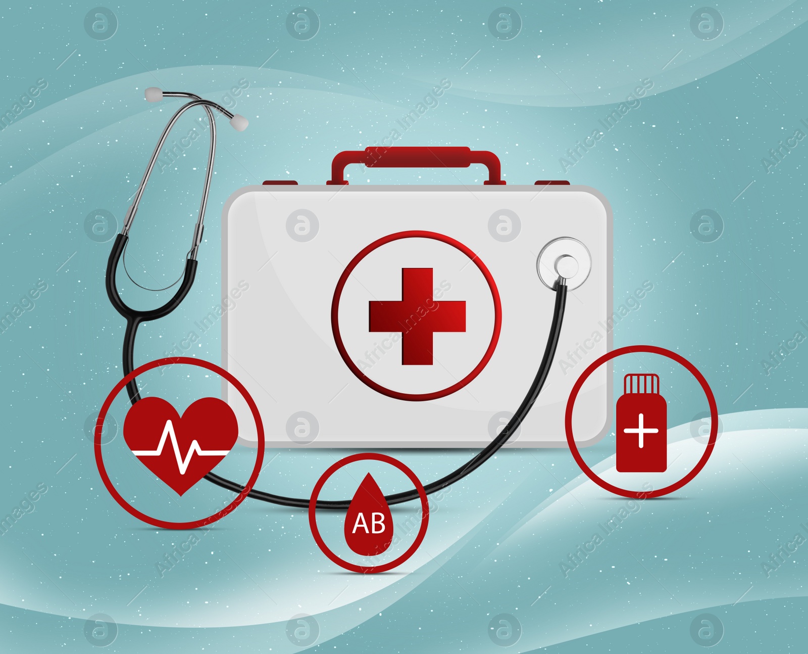 Image of First aid kit, stethoscope and different icons on light blue background, illustration