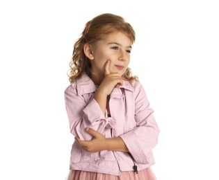 Photo of Portrait of cute little girl on white background