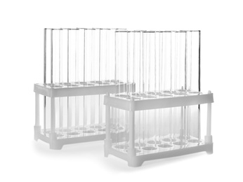 Empty test tubes on white background. Laboratory analysis equipment