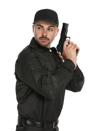 Male security guard in uniform with gun on white background