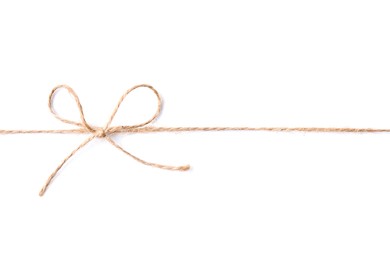 Linen rope string with bow isolated on white, top view