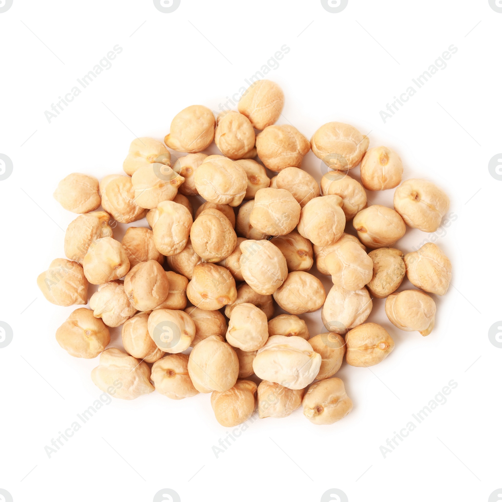 Photo of Pile of raw chickpeas on white background, top view. Vegetable planting