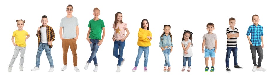 Image of Cheerful children of different ages on white background. Collage design