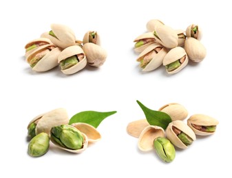 Image of Tasty pistachio nuts isolated on white, set