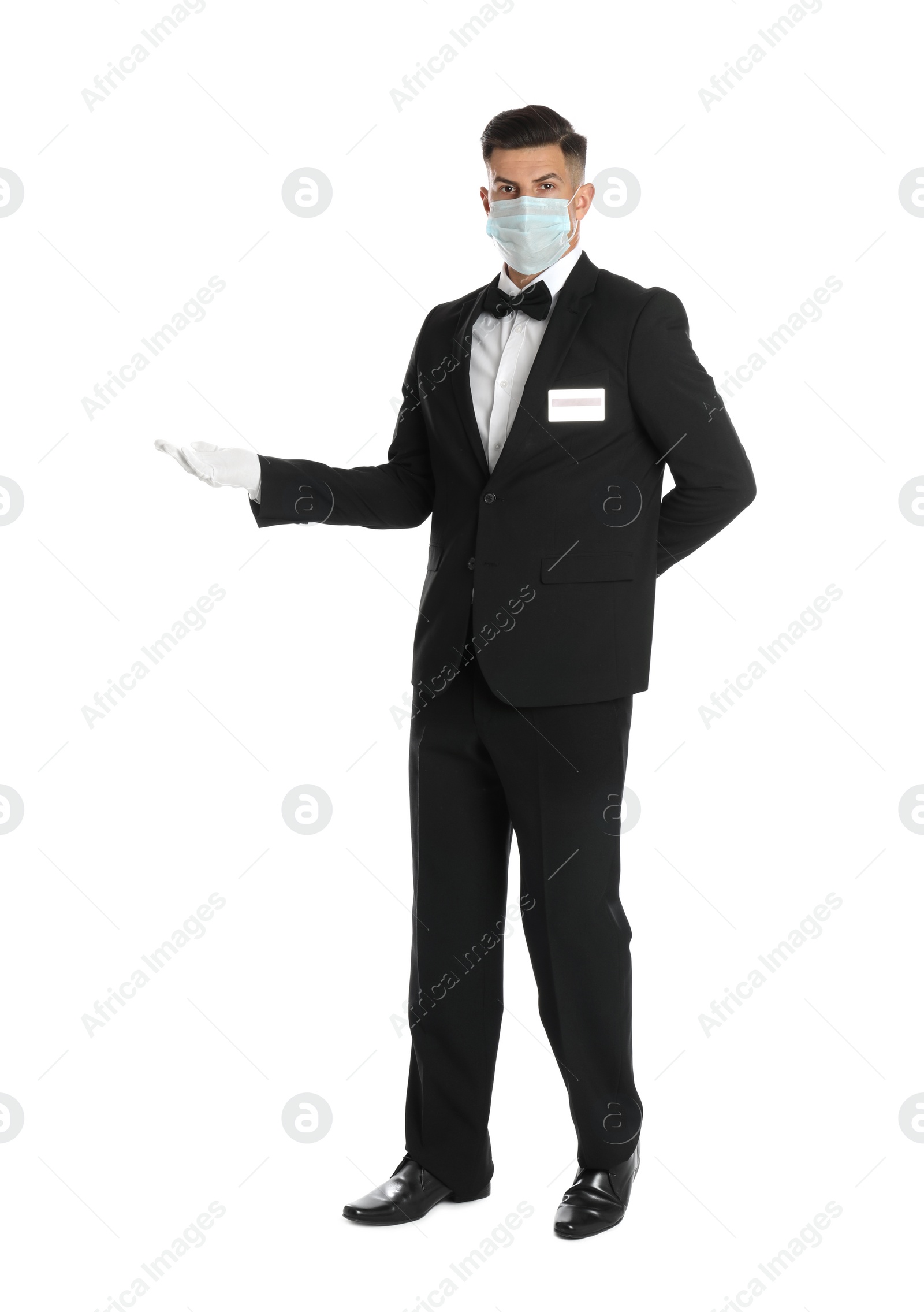 Photo of Waiter wearing medical face mask on white background