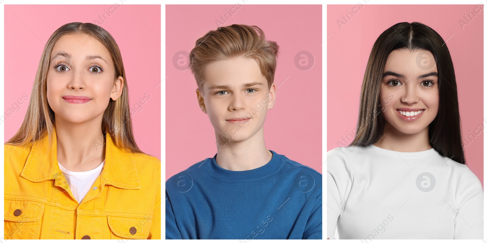 Image of Portraits of teenagers on pink background, collage design