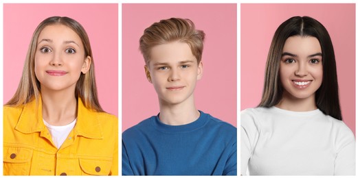 Portraits of teenagers on pink background, collage design