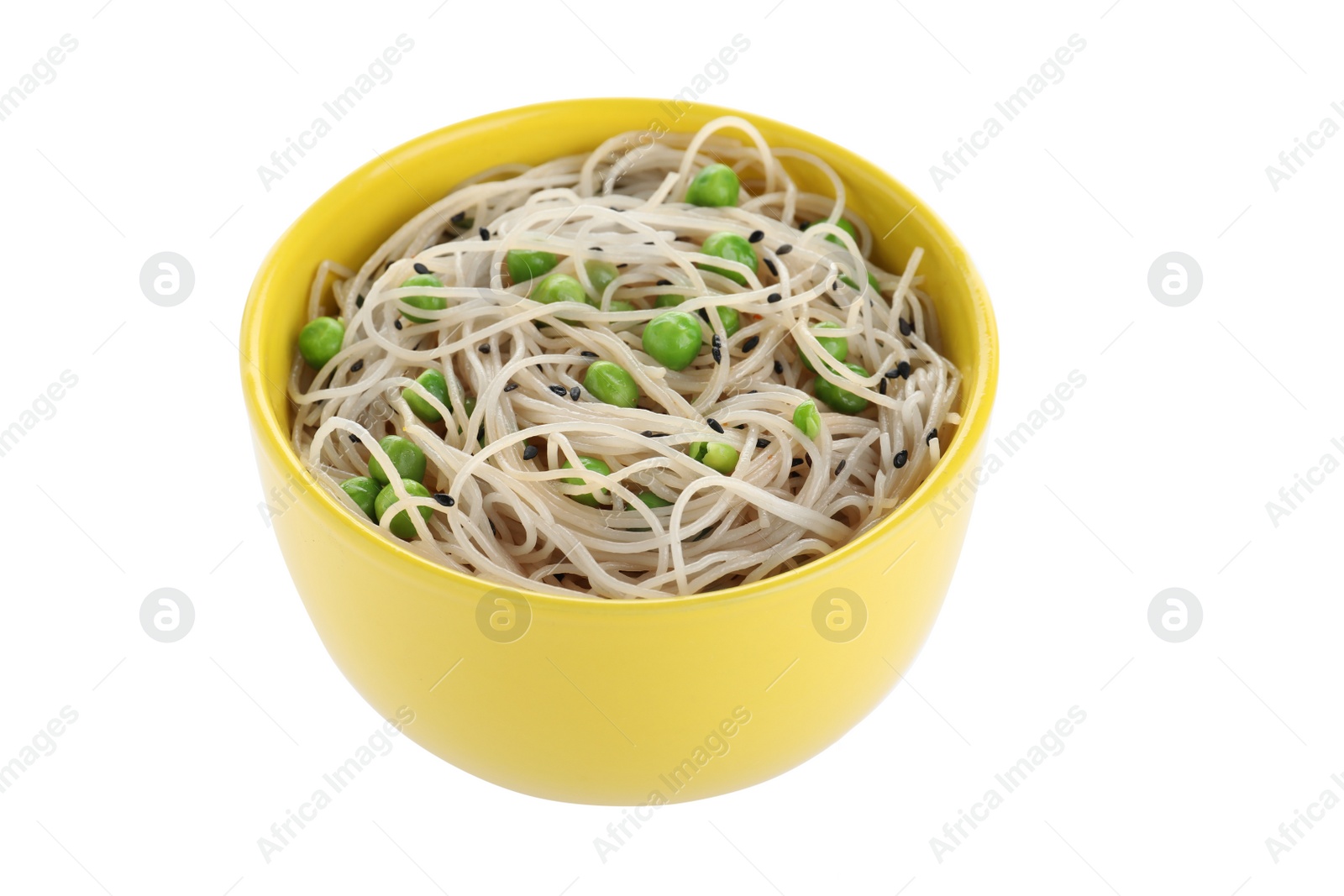 Photo of Tasty cooked rice noodles with peas isolated on white