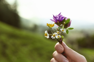 Photo of Woman holding bouquet of beautiful meadow flowers against blurred background