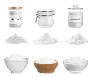 Image of Set with kitchenware and baking soda on white background