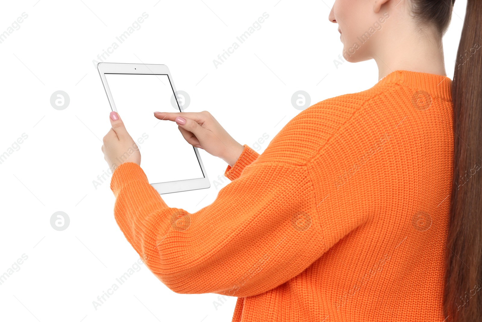 Photo of Woman using tablet with blank screen on white background, closeup. Mockup for design