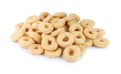 Photo of Sweet crispy corn rings on white background. Breakfast cereal