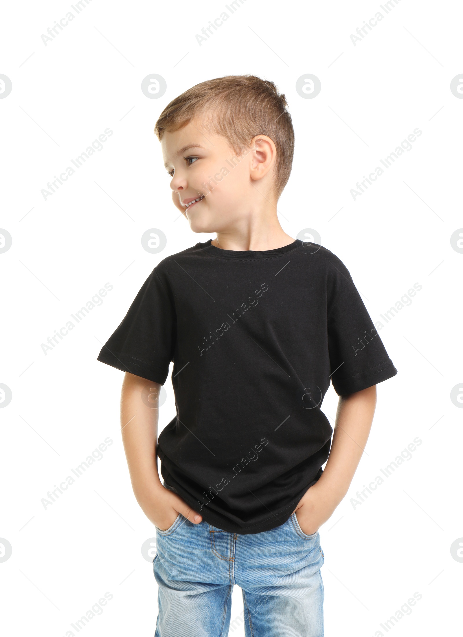 Photo of Little boy in t-shirt on white background. Mockup for design