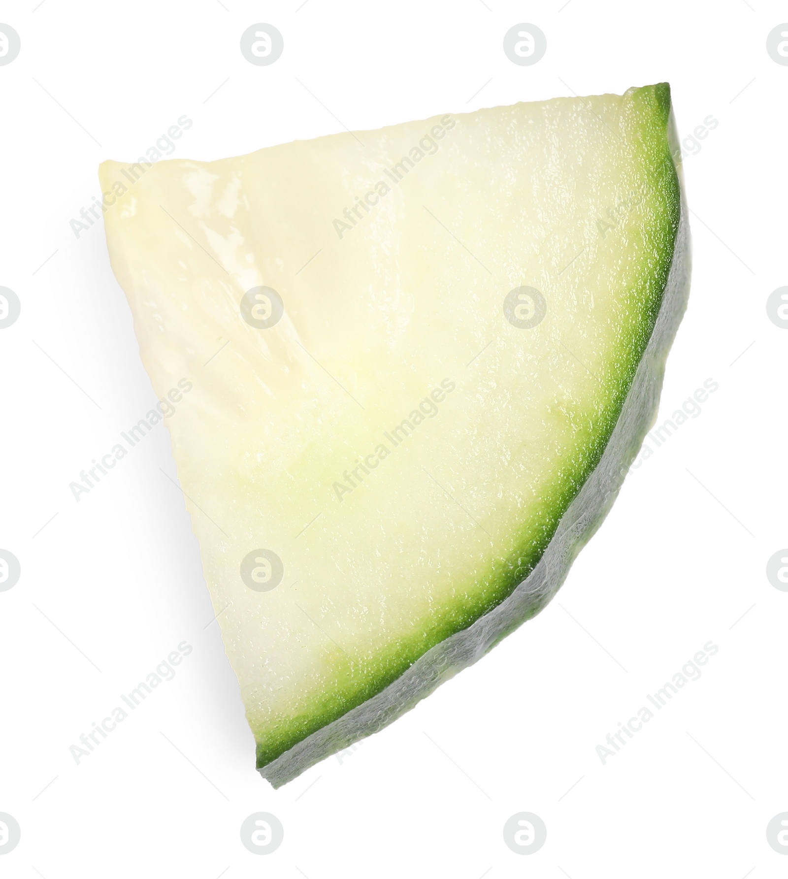 Photo of Slice of fresh cucumber isolated on white, top view