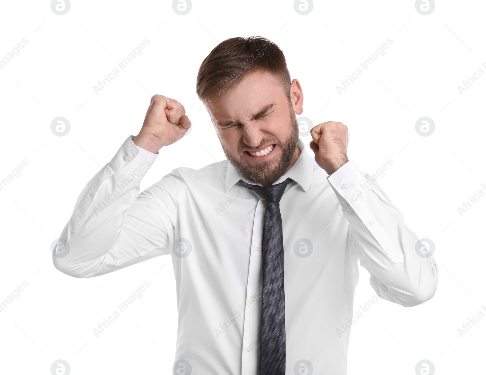 Photo of Portrait of emotional businessman on white background. Personality concept