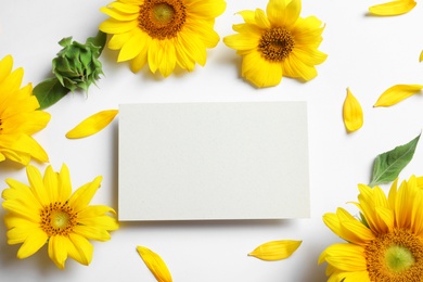 Photo of Beautiful bright sunflowers and card on white background