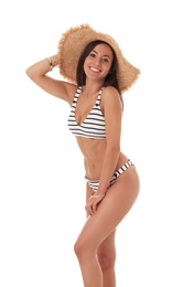 Photo of Pretty sexy woman with slim body in stylish striped bikini on white background