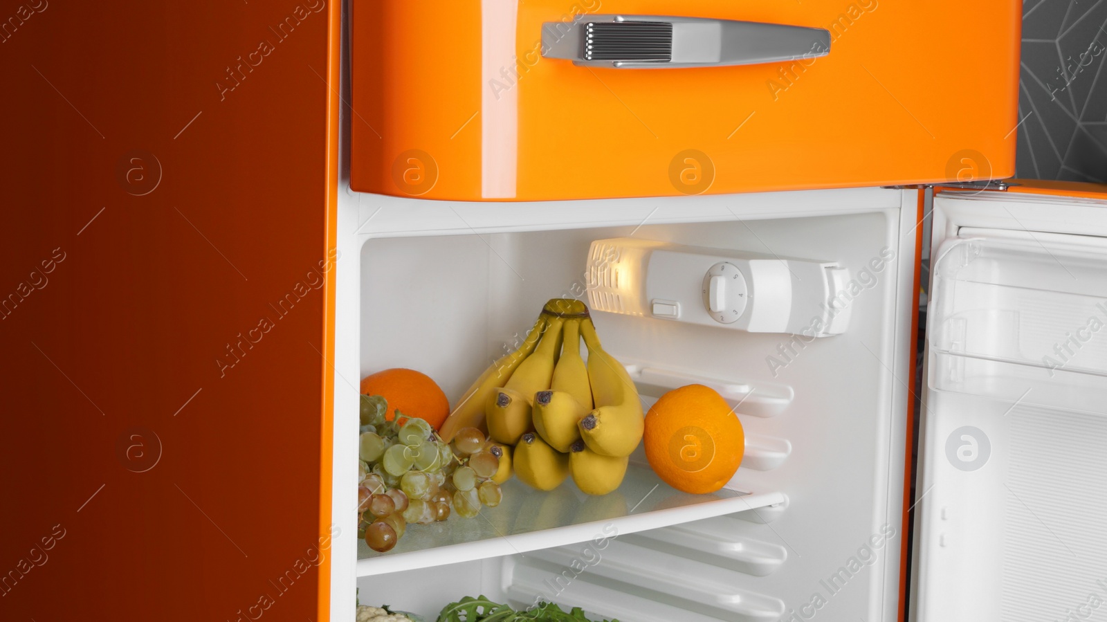 Photo of Modern open refrigerator with many different fresh fruits