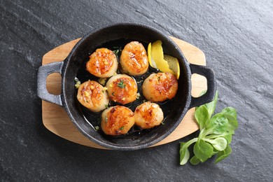 Delicious fried scallops and corn salad on dark gray textured table, top view