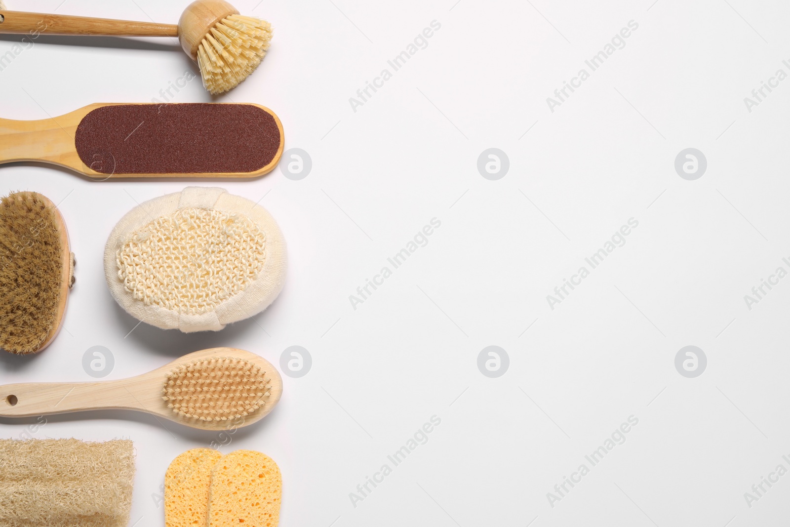 Photo of Bath accessories. Flat lay composition with personal care tools on white background, space for text