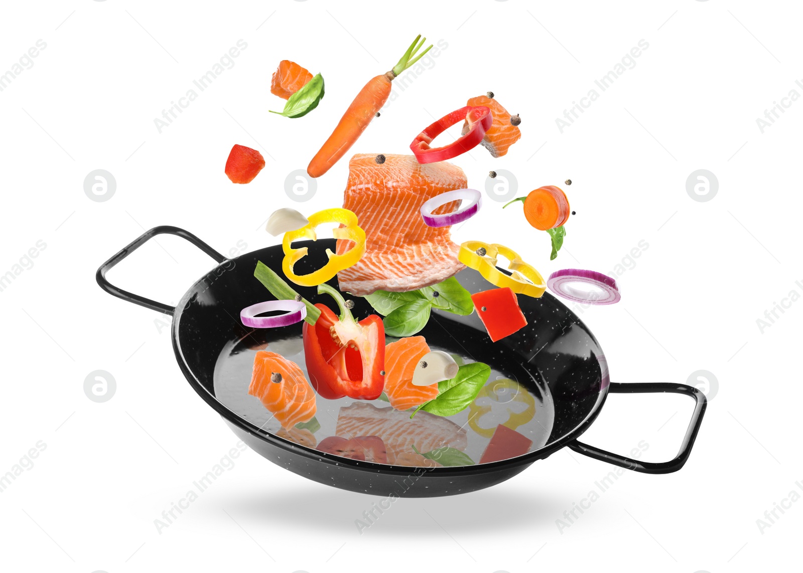 Image of Tasty fresh ingredients and pan on white background