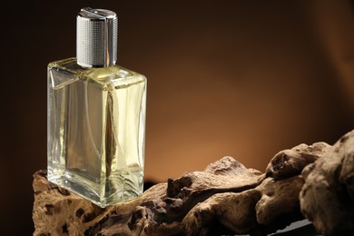 Luxury men`s perfume in bottle against brown background, space for text