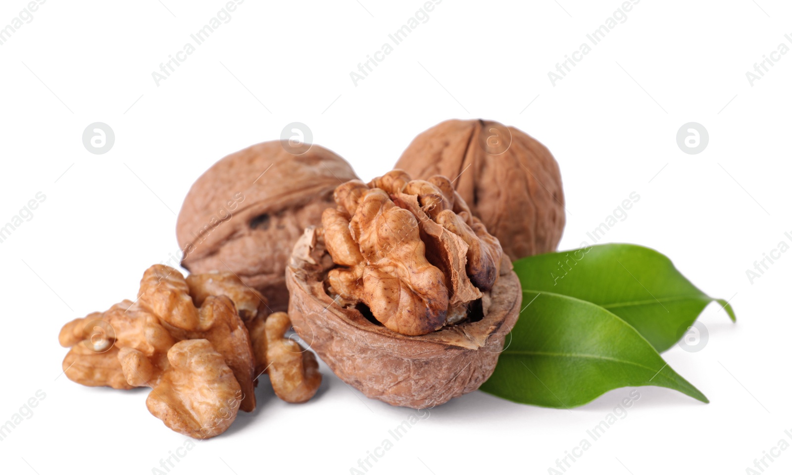 Photo of Walnuts in shell, kernels and green leaves on white background