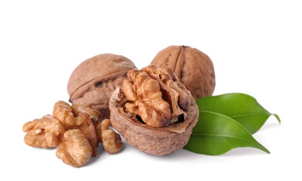 Walnuts in shell, kernels and green leaves on white background