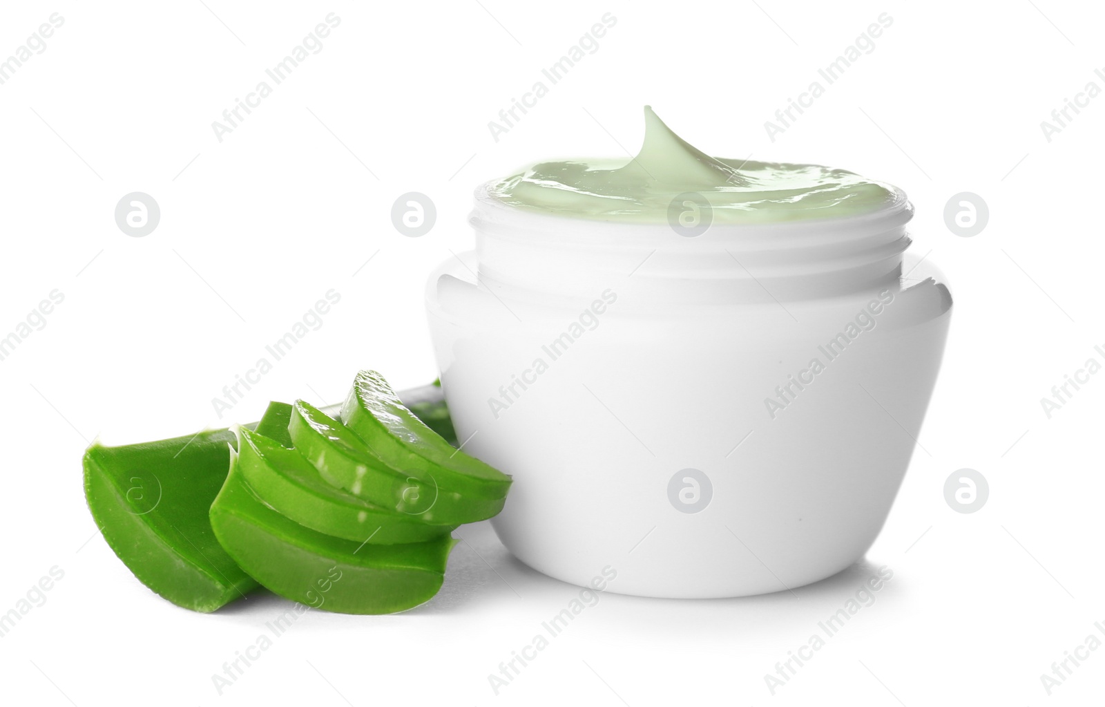 Photo of Jar with aloe vera balm and sliced leaves on white background