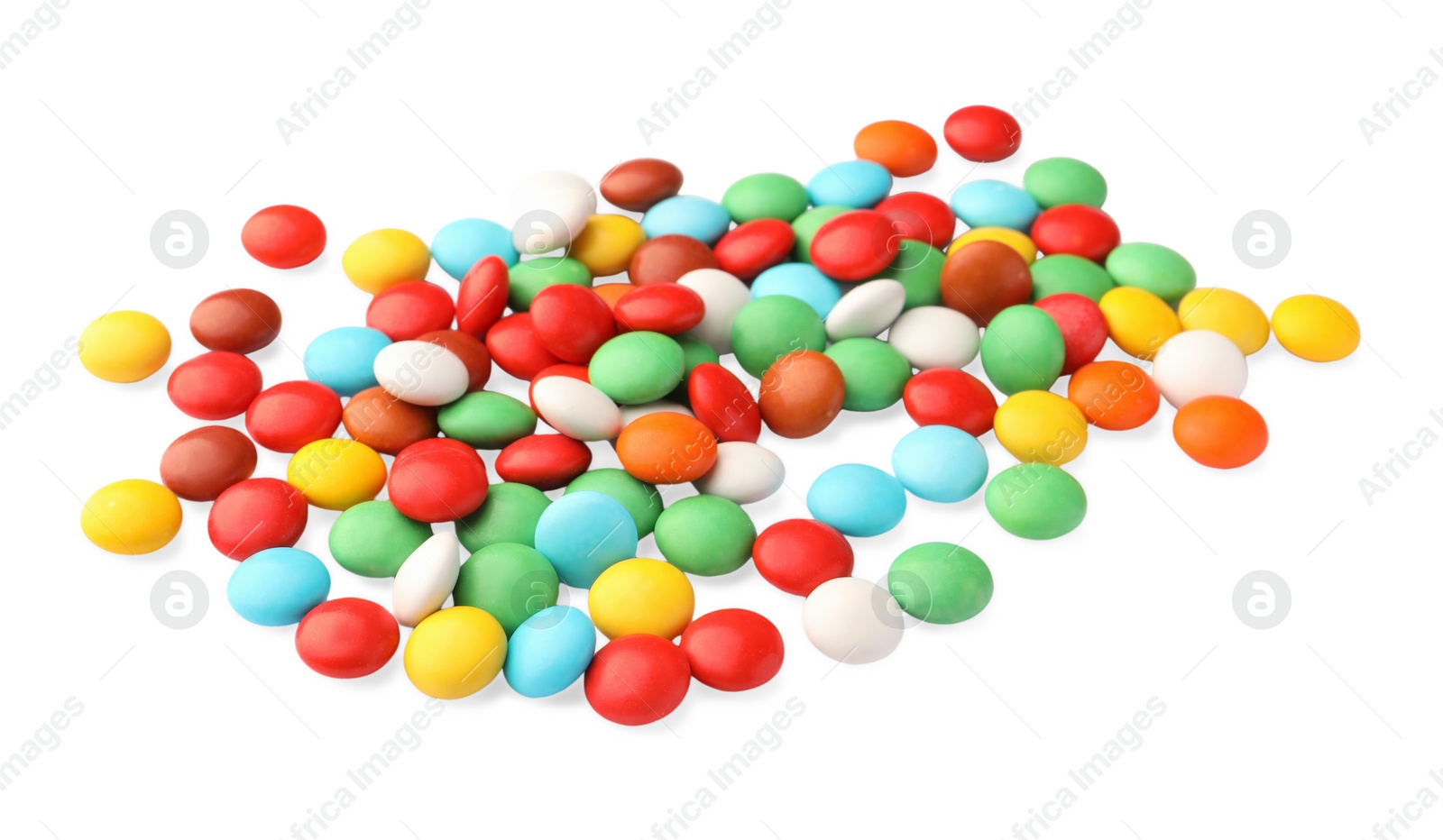 Photo of Many small colorful candies on white background