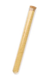 Photo of Glass tube with ginger powder on white background, top view