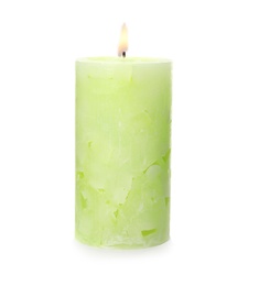 Photo of Alight color wax candle on white background