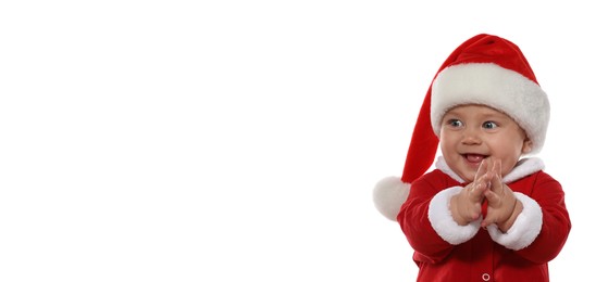 Image of Cute baby wearing Christmas costume on white background. Banner design