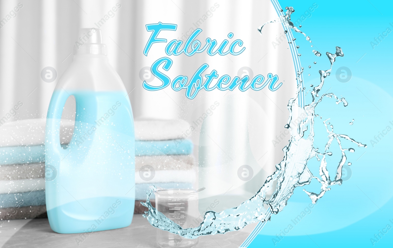 Image of Fabric softener advertising design. Bottle of conditioner, soft clean towels and splash of water