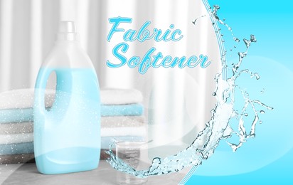 Fabric softener advertising design. Bottle of conditioner, soft clean towels and splash of water