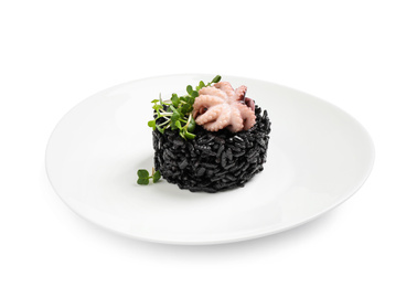 Photo of Delicious black risotto with baby octopus isolated on white