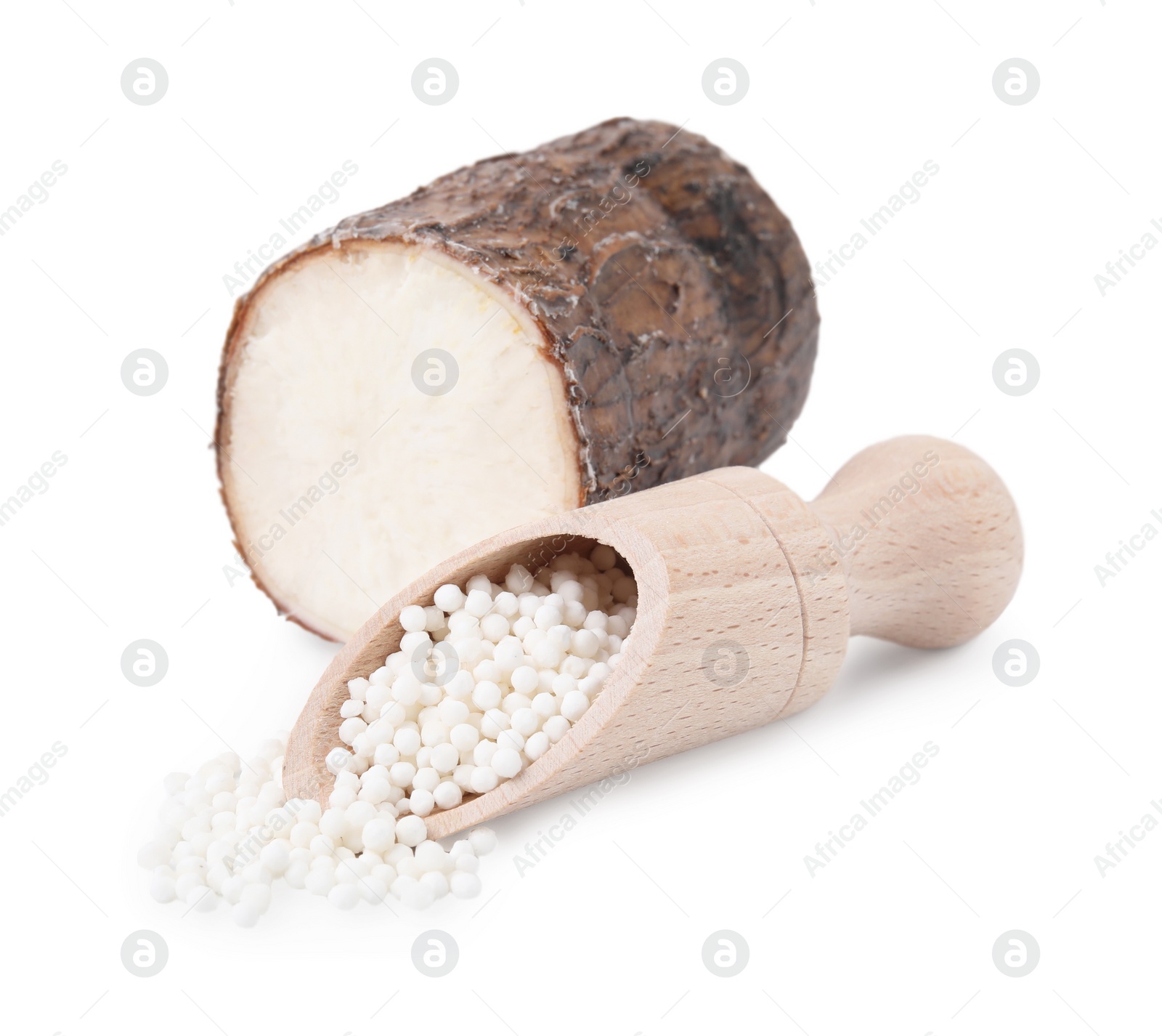 Photo of Scoop with tapioca pearls and cassava root isolated on white