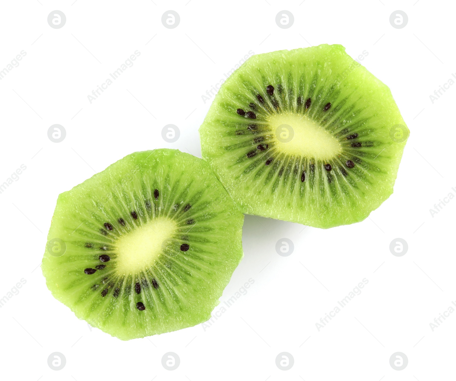 Photo of Cut fresh peeled kiwi on white background, top view