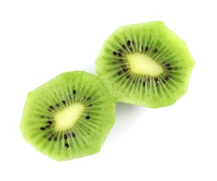 Cut fresh peeled kiwi on white background, top view