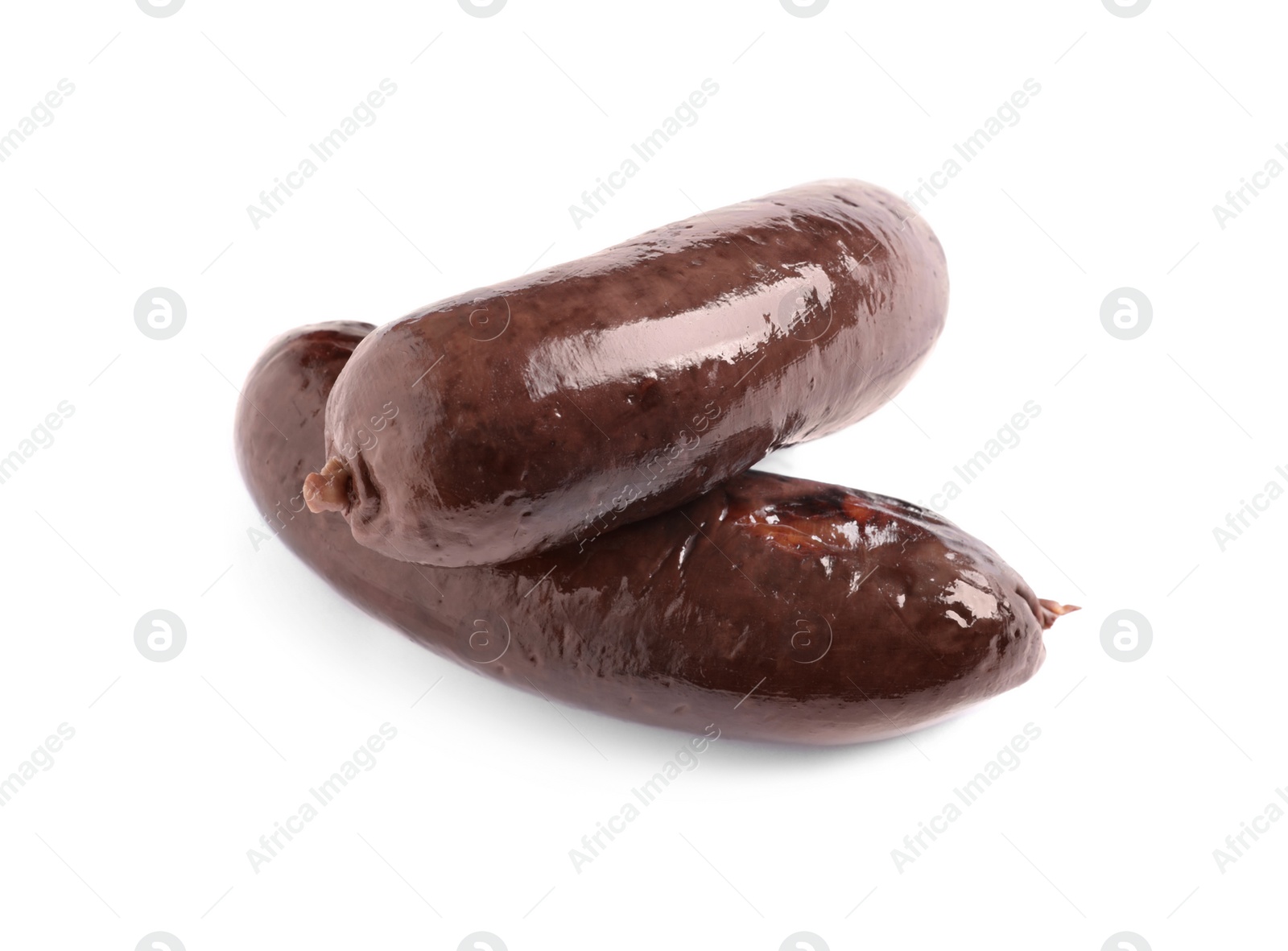 Photo of Whole tasty blood sausages on white background