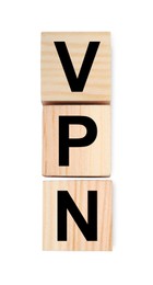Photo of Cubes with acronym VPN on white background, top view