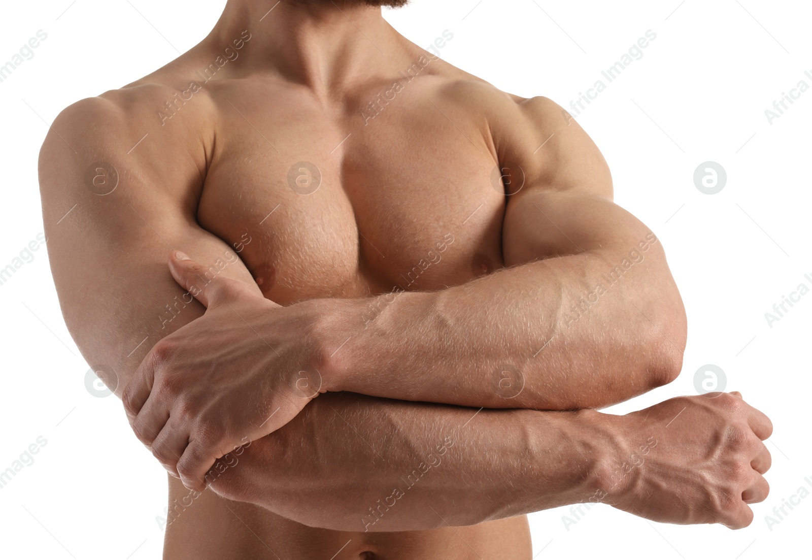 Photo of Man with muscular body on white background, closeup