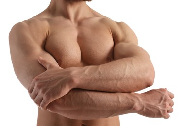 Man with muscular body on white background, closeup