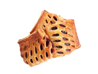 Fresh tasty puff pastry on white background, top view