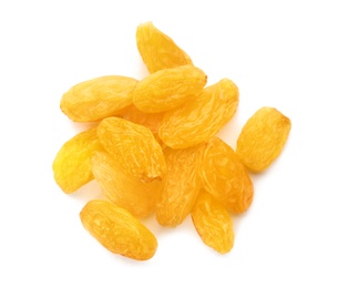 Tasty raisins on white background, top view. Healthy dried fruit