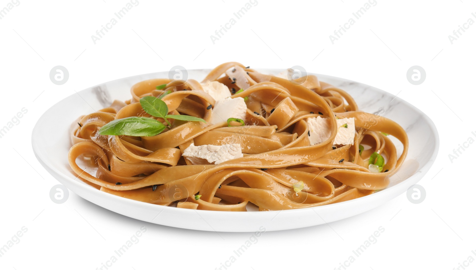 Photo of Plate of tasty buckwheat noodles with meat on white background