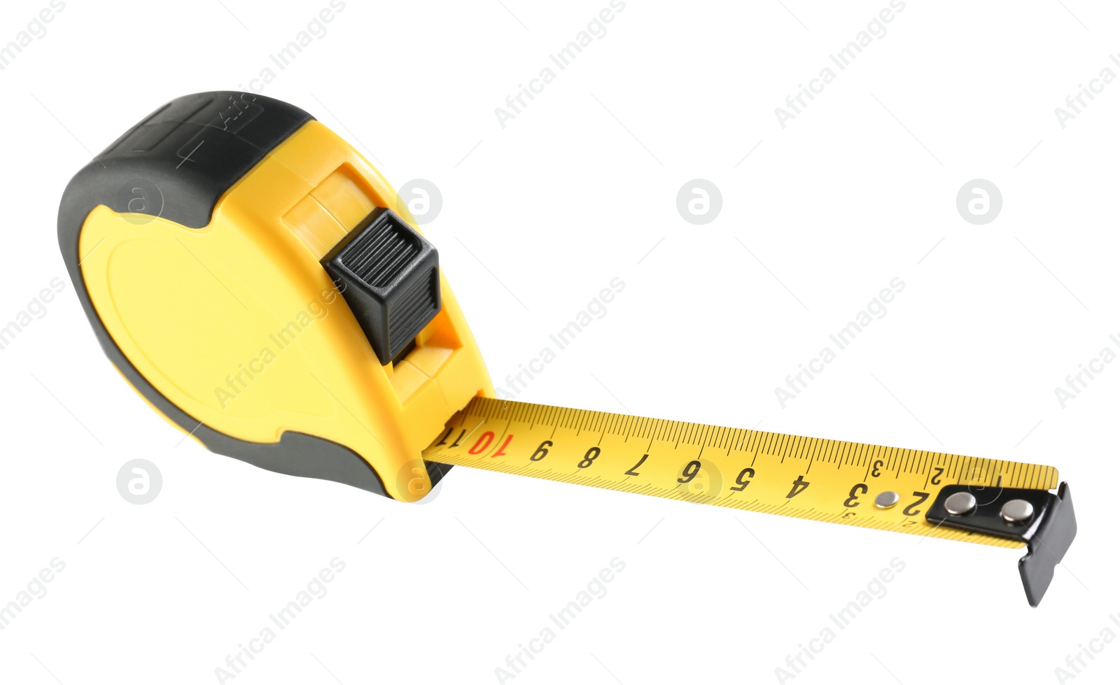 Photo of Metal measuring tape on white background. Construction tool