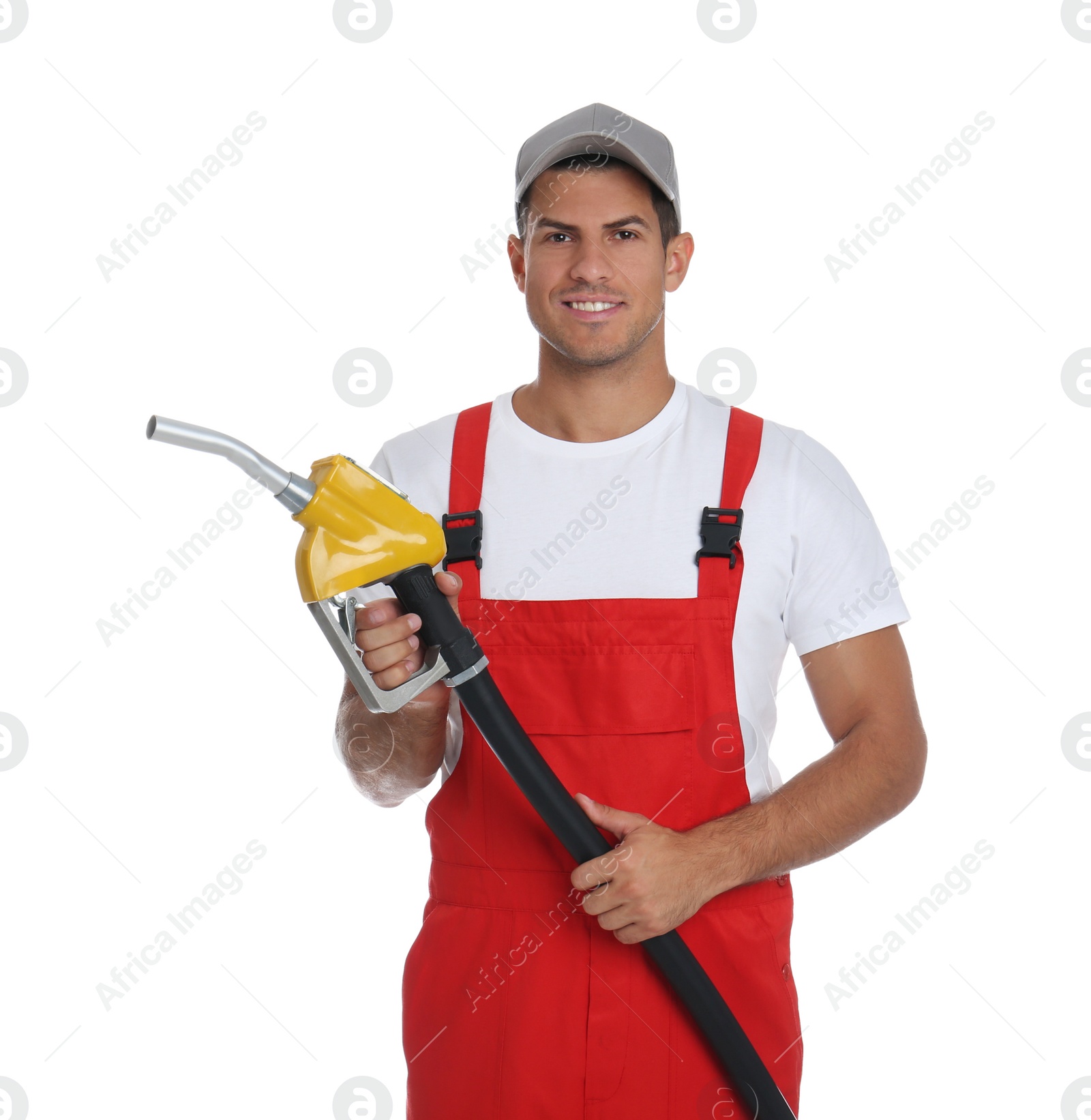 Photo of Gas station worker with fuel nozzle on white background