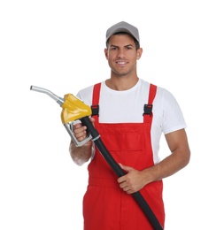 Photo of Gas station worker with fuel nozzle on white background